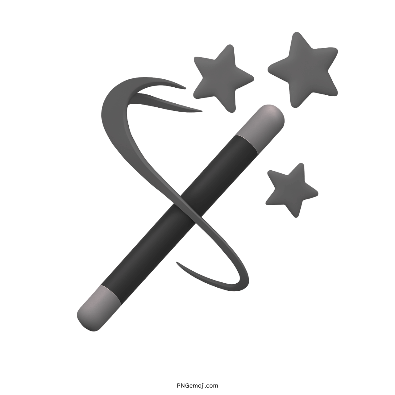 3D magic wand emoji with gray stars and a swirling trail on a transparent background.