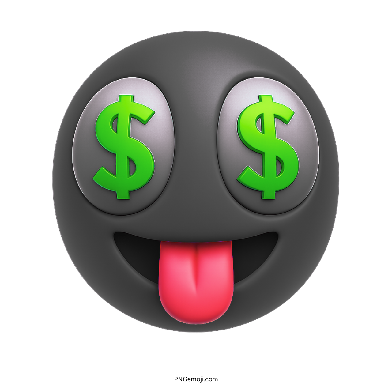 Black emoji face with dollar sign eyes and tongue out showing money excitement