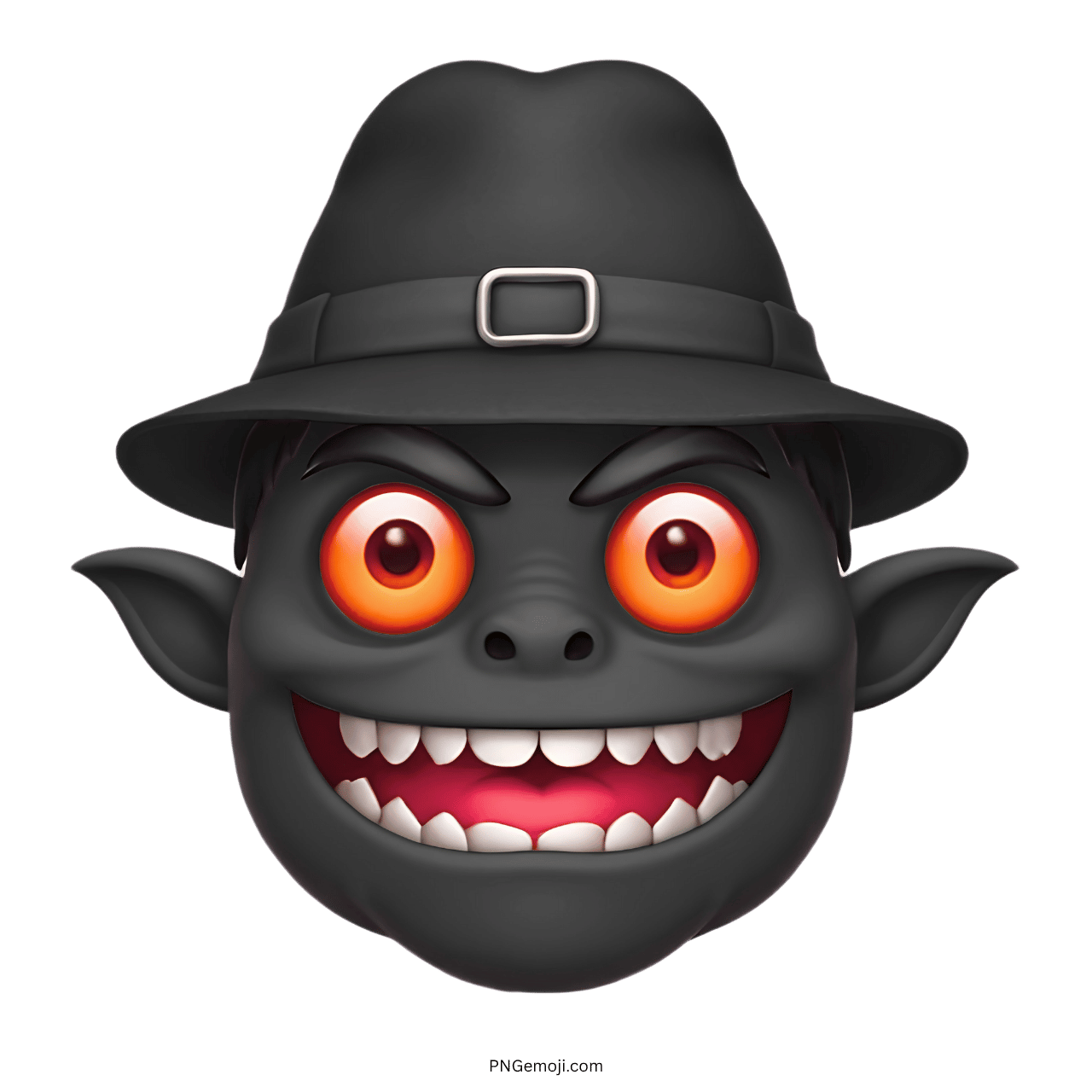 Black monster with red eyes, wide grin, and black hat, emoji character.