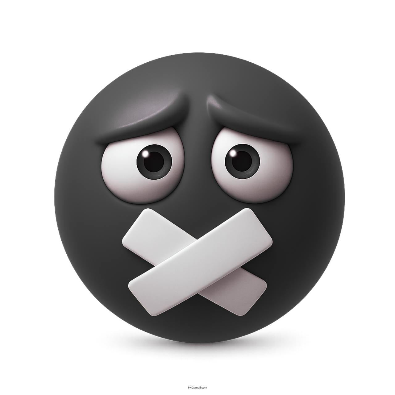 Black muted emoji with taped mouth and sad, wide-eyed expression