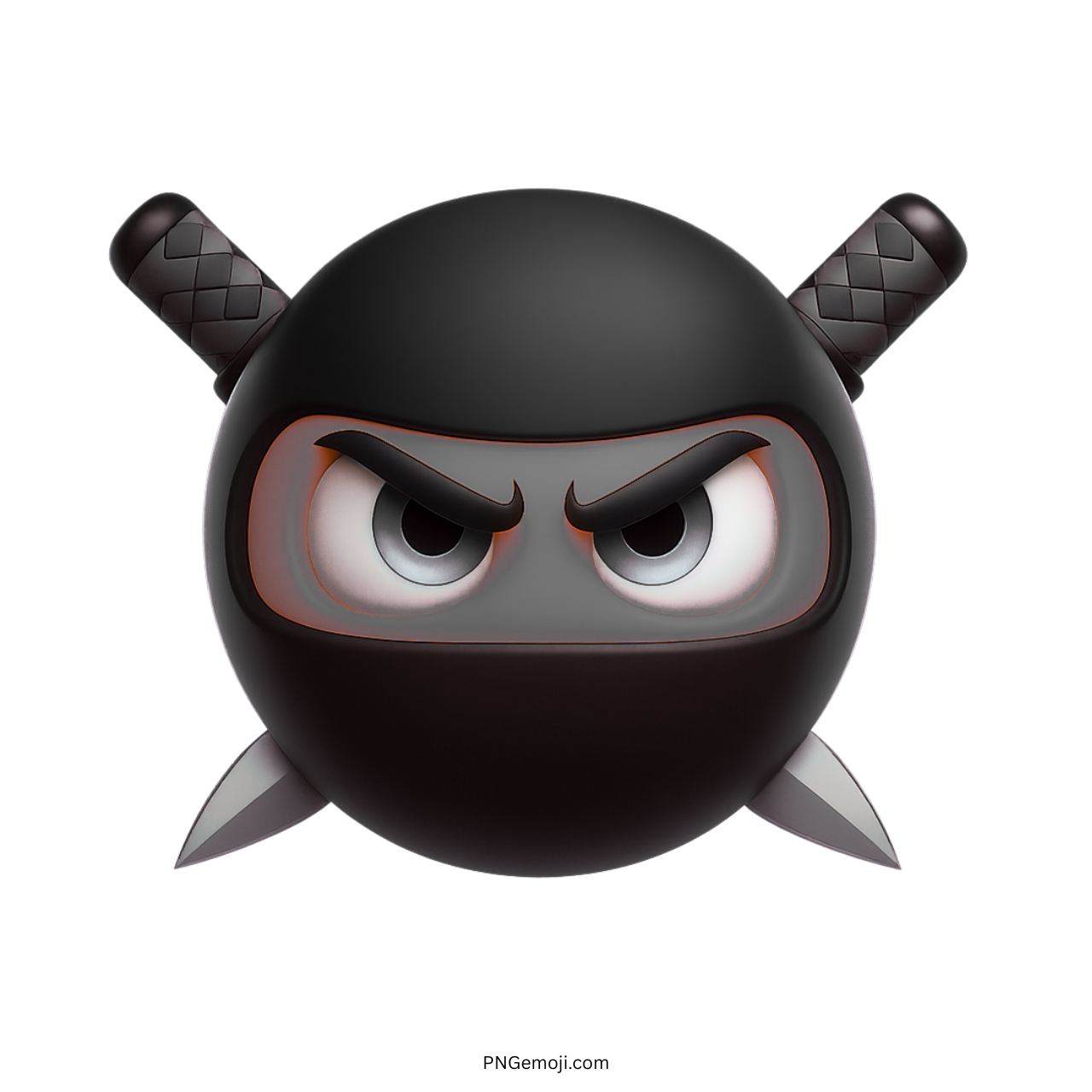 3D black ninja emoji with fierce eyes and dual swords on transparent background