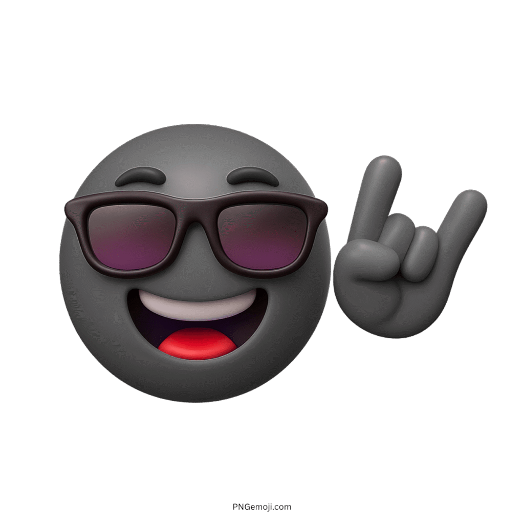 Dark grey 3D emoji wearing sunglasses with rock-on hand sign and big smile