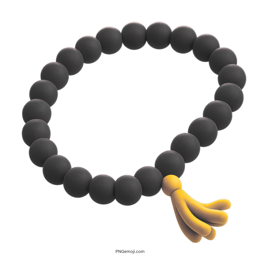 Black 3D prayer beads emoji with soft yellow tassel on transparent background