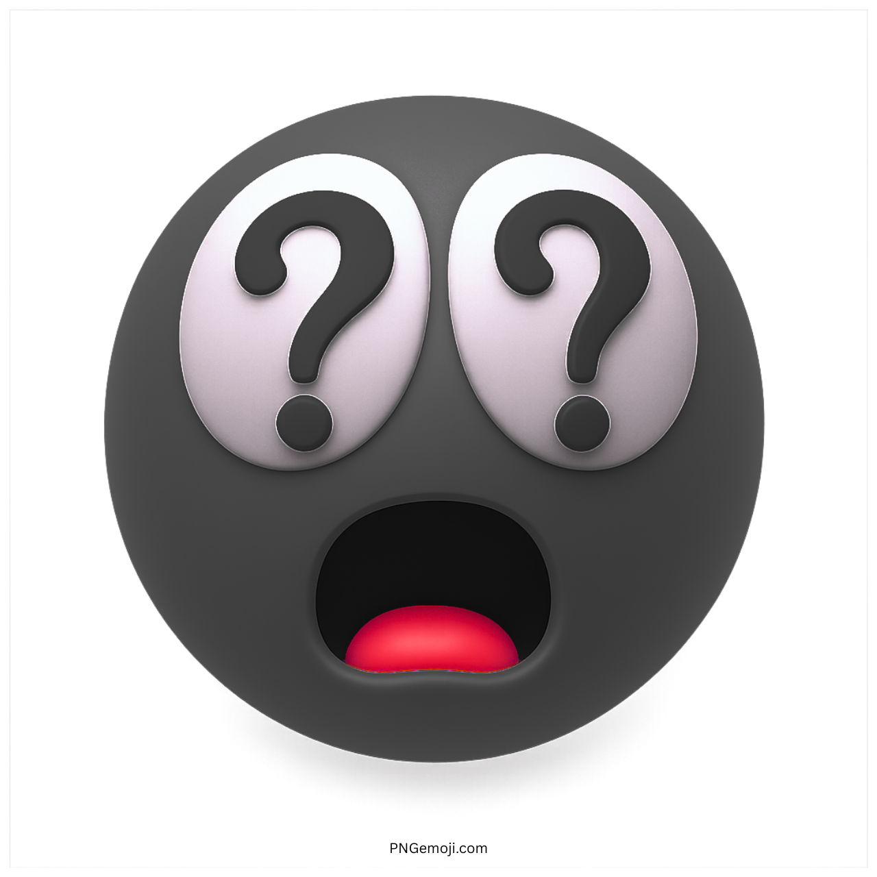Black emoji with shocked mouth and question marks as surprised eyes