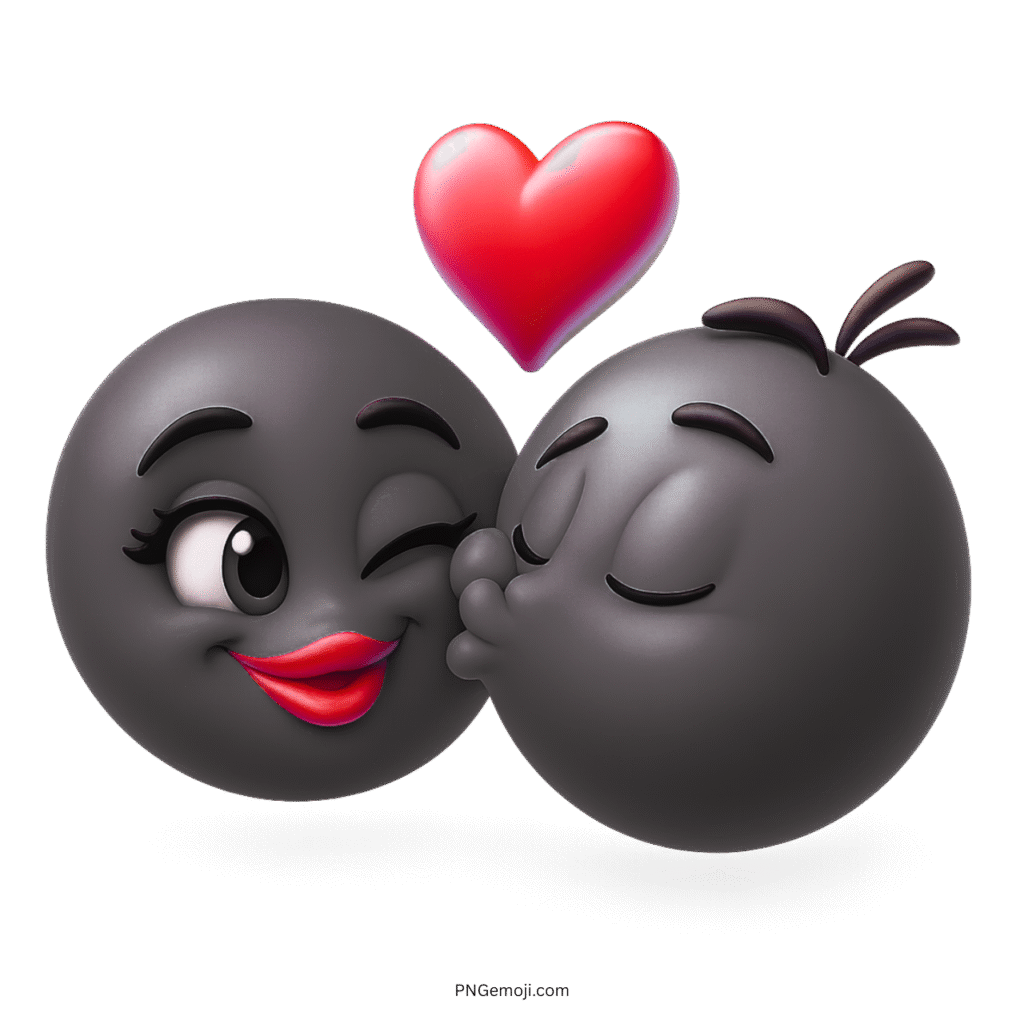 Black romantic couple emoji kissing with red heart love expression in 3D style