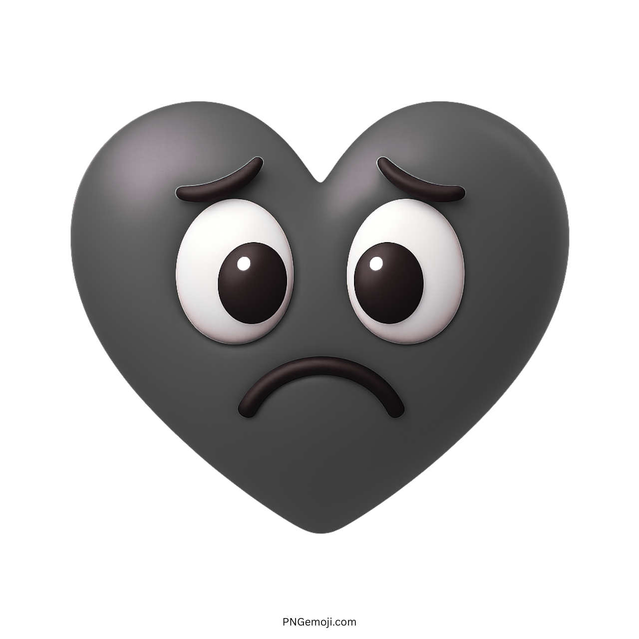 Black heart emoji with sad frown expression and big cartoon eyes in 3D design