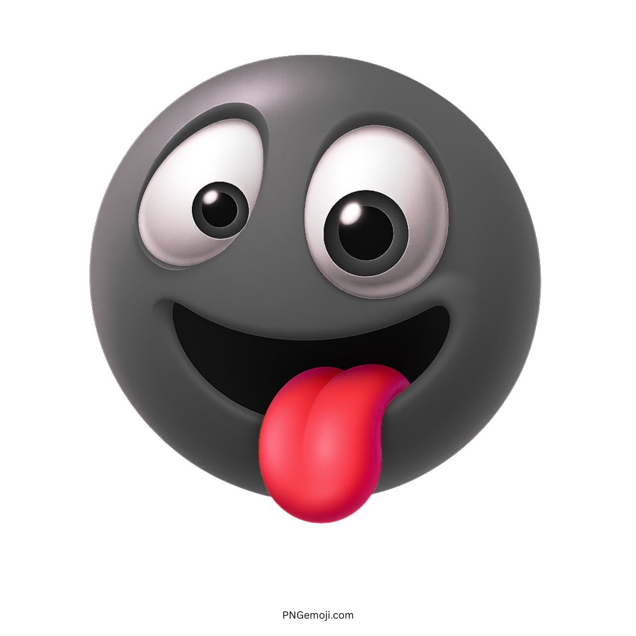 Black silly emoji face with goofy eyes and red tongue sticking out playfully