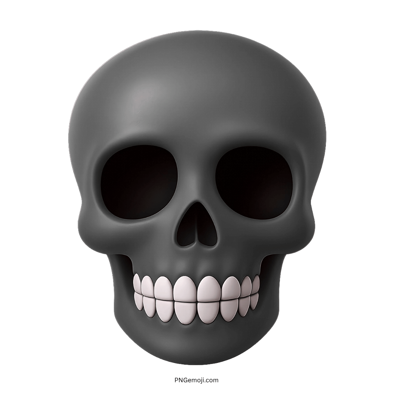 Black skull emoji icon in 3D cartoon design with hollow eye sockets on transparent background