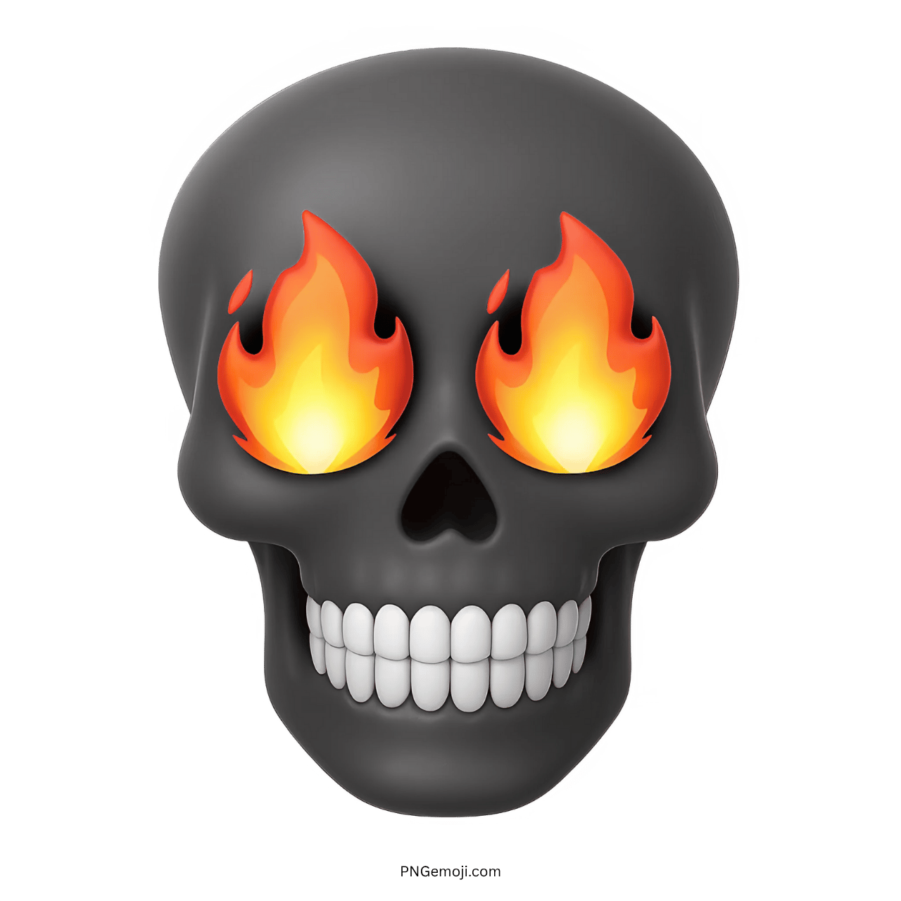 Black skull emoji with flaming fire eyes and white teeth