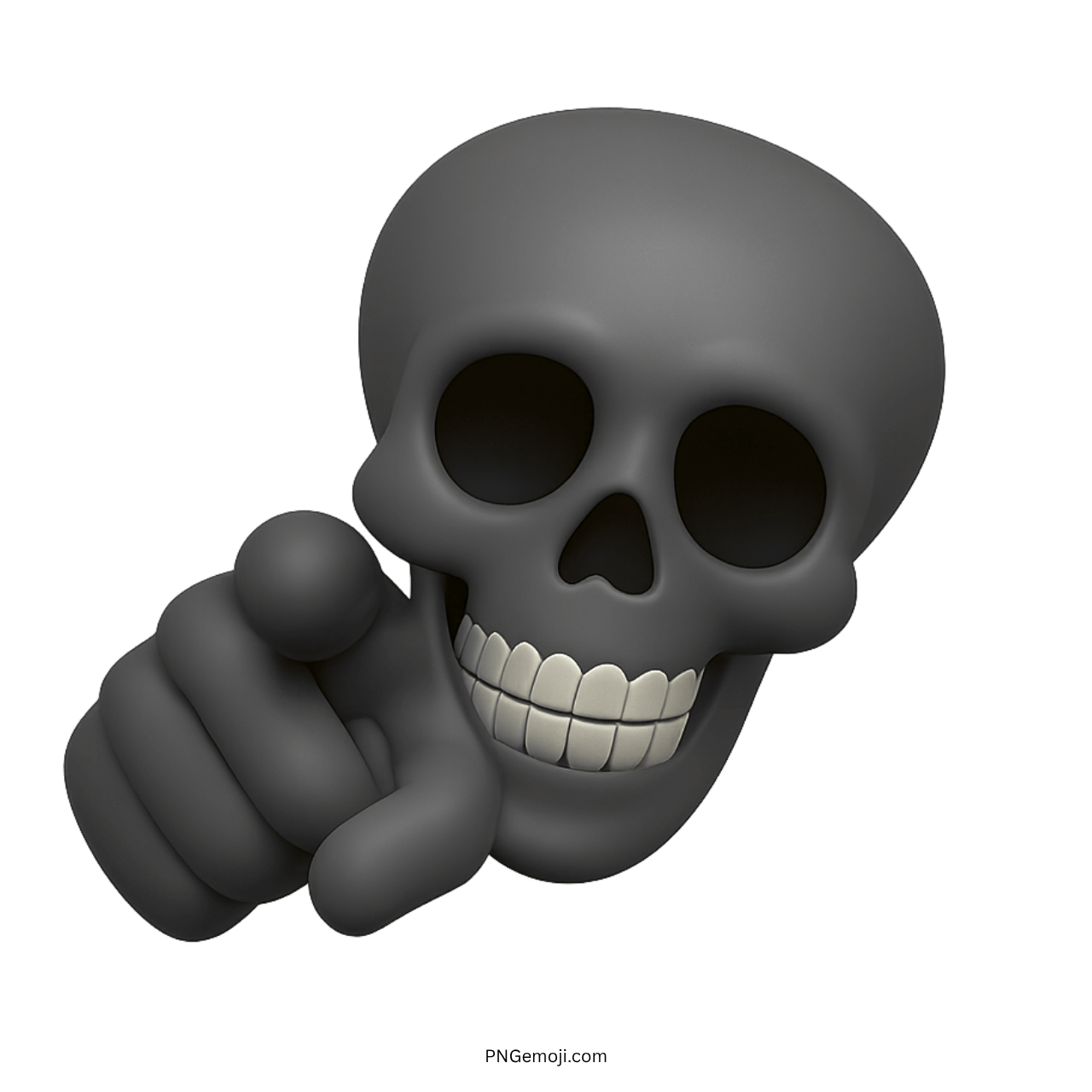 3D black skull emoji with pointing hand and wide creepy smile