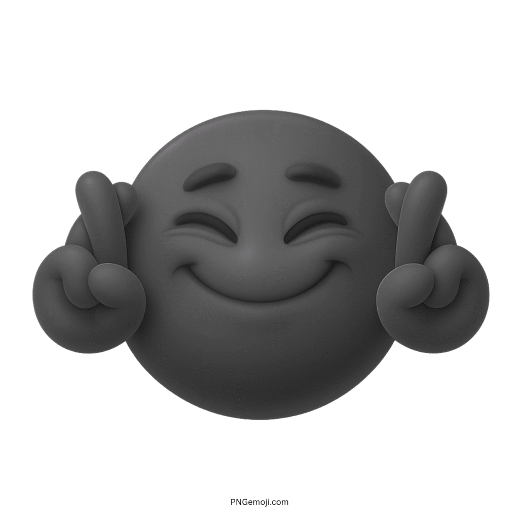 3D black emoji with closed eyes smiling and fingers crossed for hopeful luck