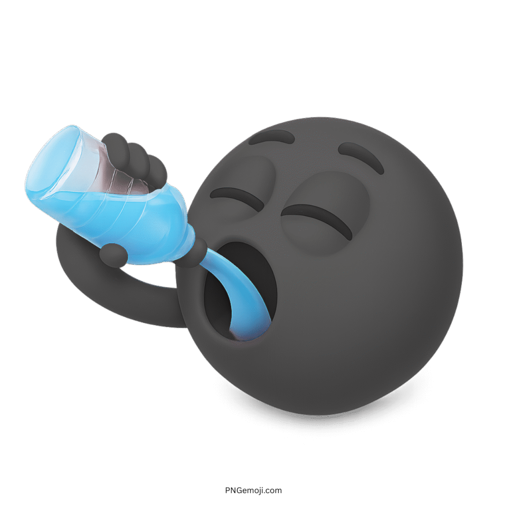 3D black smiley emoji drinking water from bottle showing hydration and thirst relief