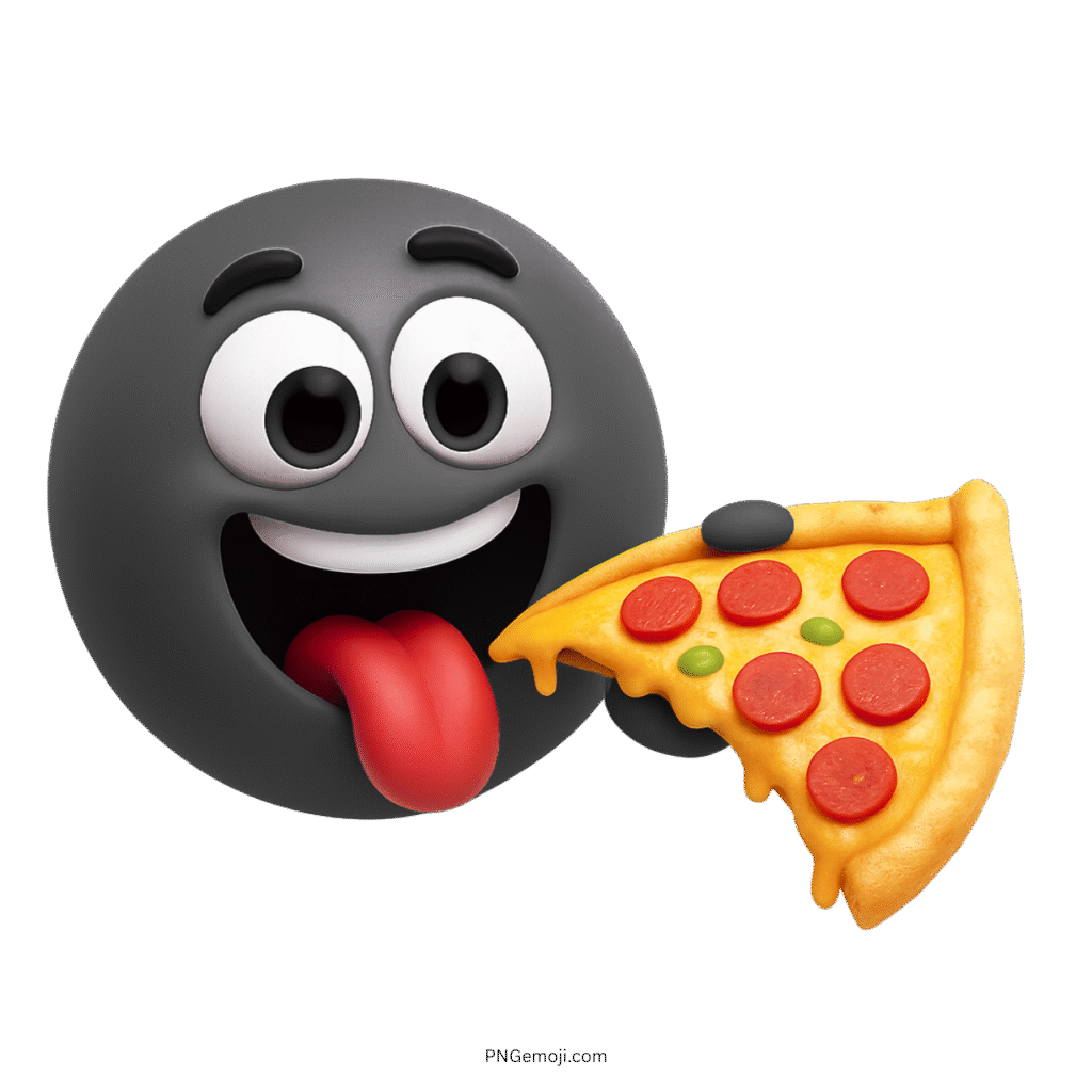 3D black smiley face emoji happily eating pepperoni pizza slice