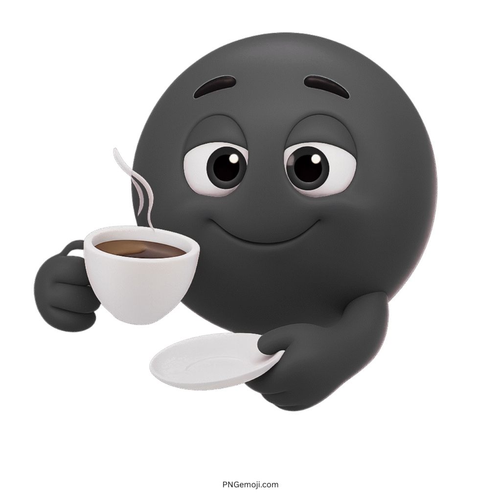 Black smiley emoji enjoying a hot coffee with a relaxed, peaceful expression