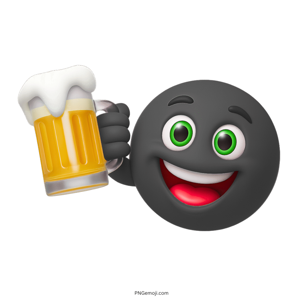 Happy black smiley emoji with green eyes holding a beer mug with foam