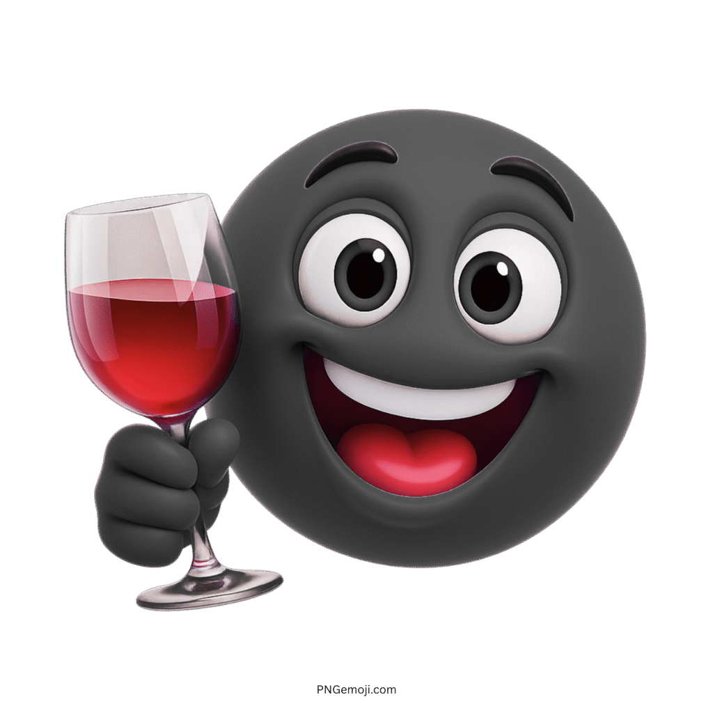 Happy black emoji face holding a glass of red wine for celebration or toast