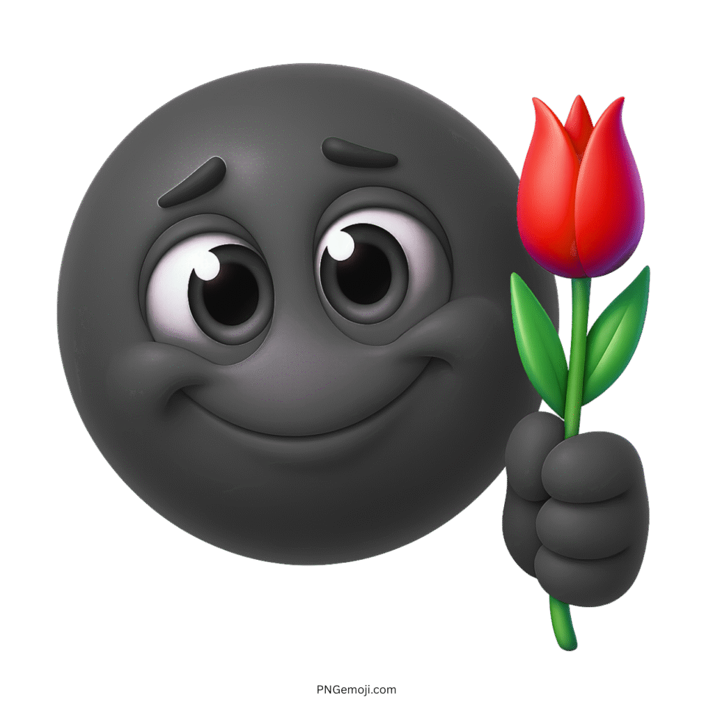 Black smiley emoji with kind eyes holding a red rose with affection
