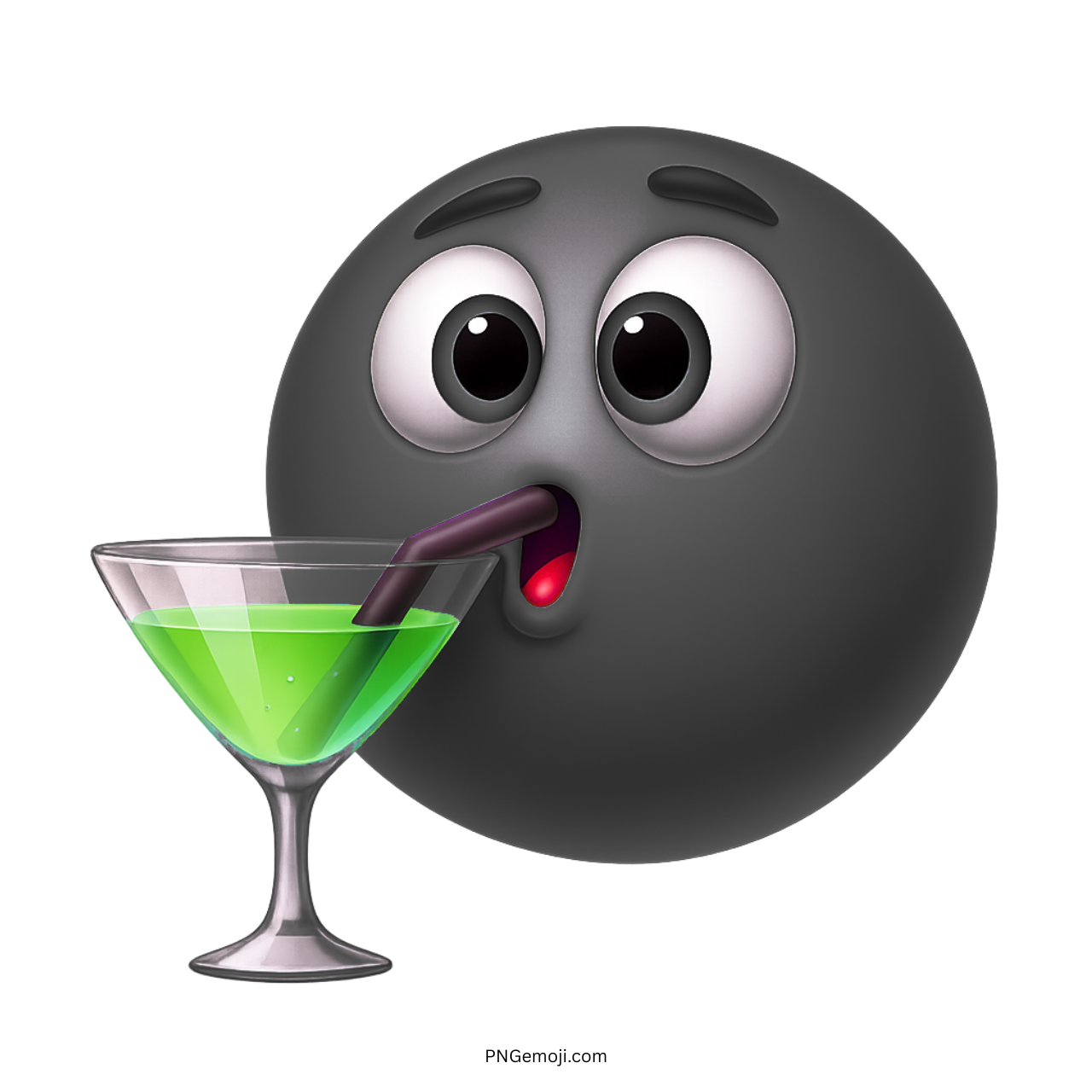 Black emoji sipping green cocktail from martini glass with purple straw and surprised face