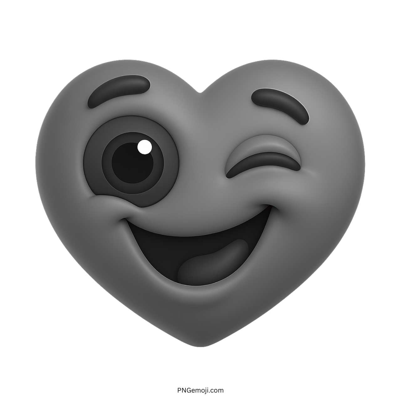 Black and white 3D winking heart emoji with cute smiling face design