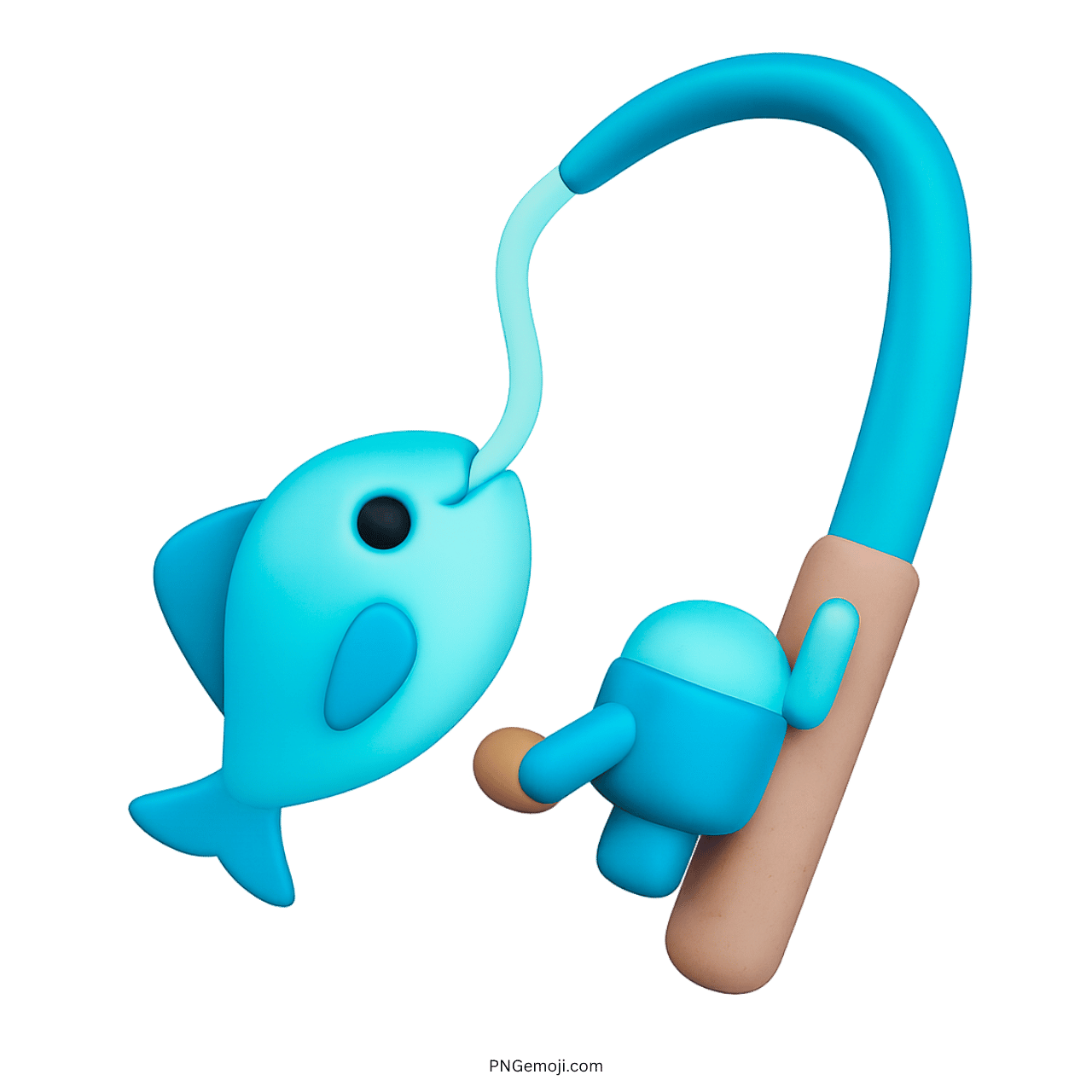 Blue 3D fishing pole emoji with cute hooked fish on transparent background