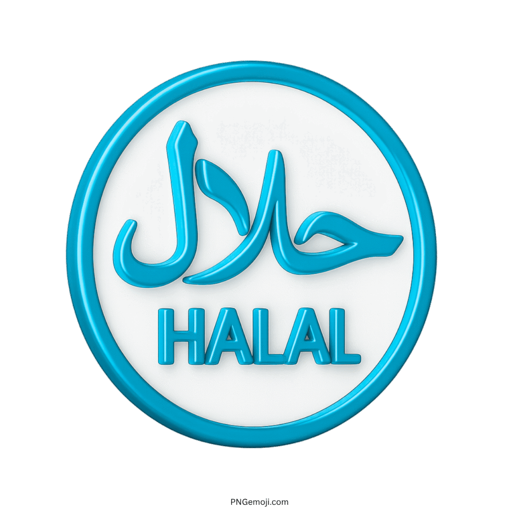 Blue 3D Halal label with Arabic and English text on white background