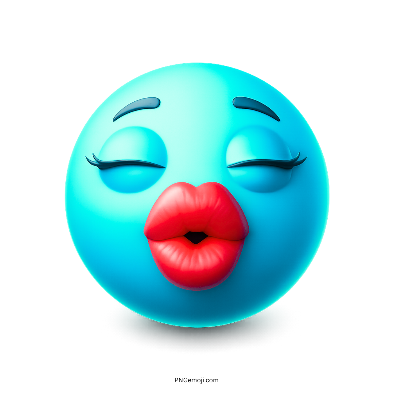 Blue 3D emoji face with red lips and closed eyes blowing a virtual kiss