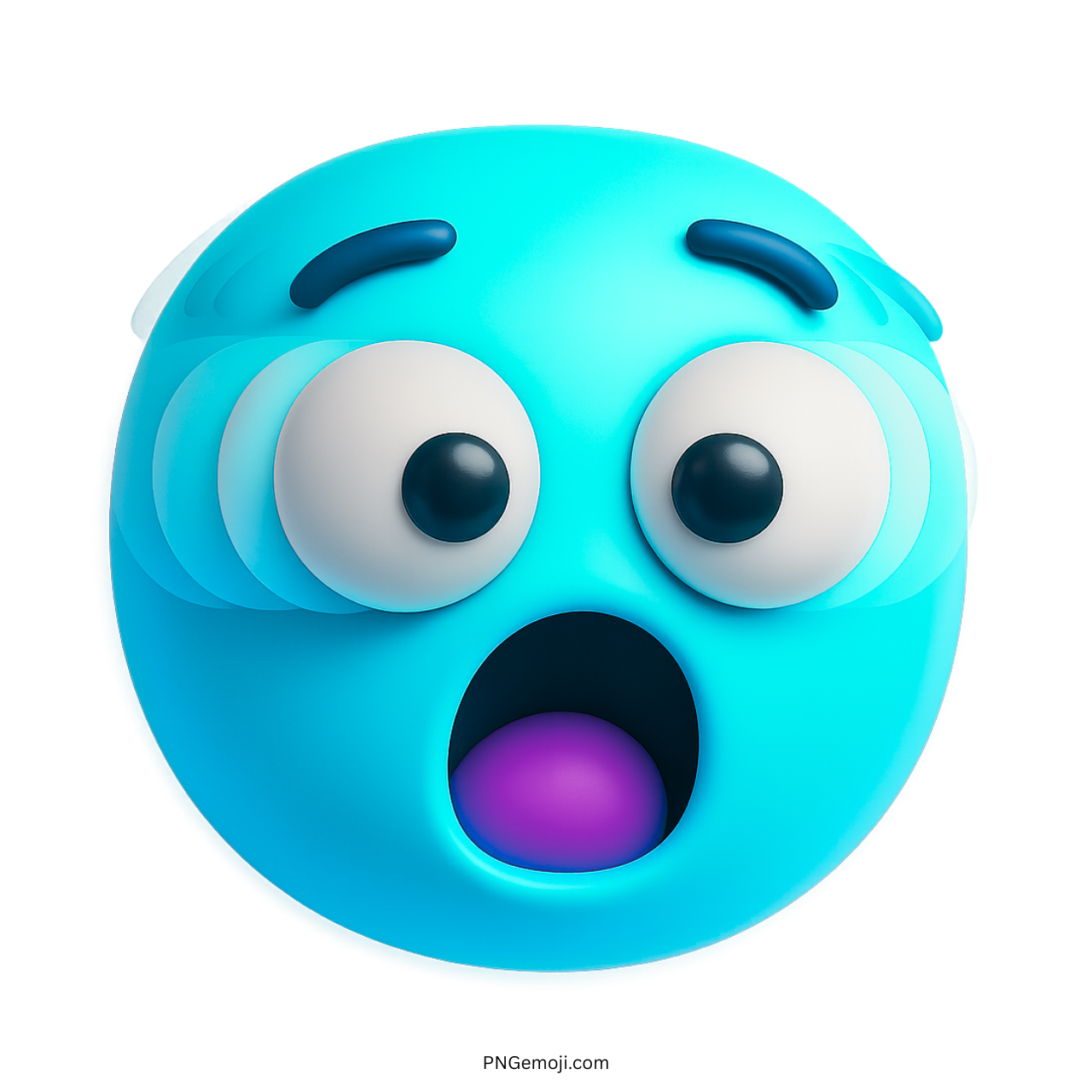 Blue 3D emoji face showing shock with vibrating wide eyes and open mouth