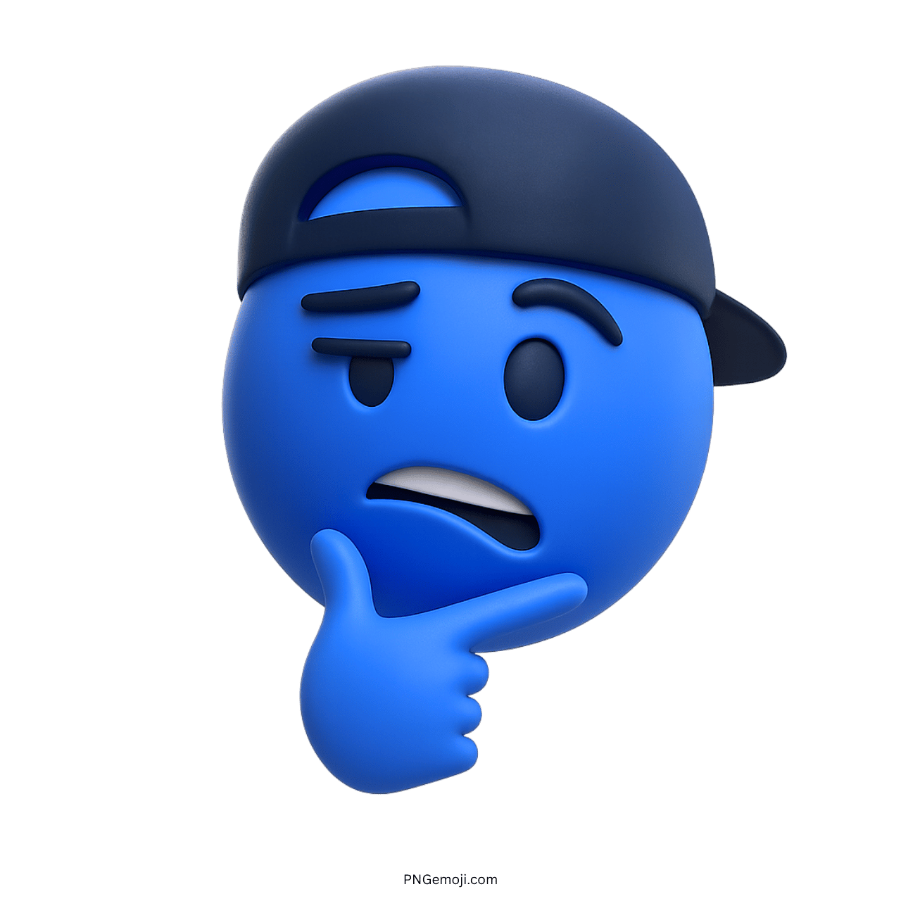 3D blue emoji with thinking pose wearing cap, expressive skeptical cool face