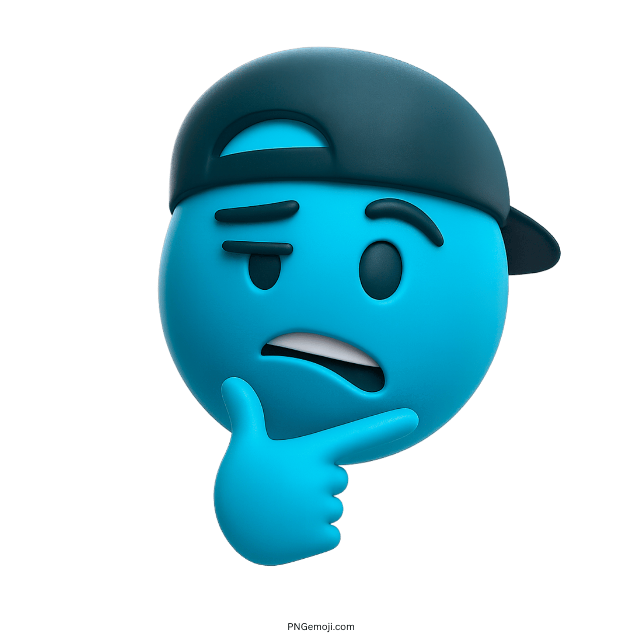 3D blue emoji wearing cap sideways with confused thinking face and expression