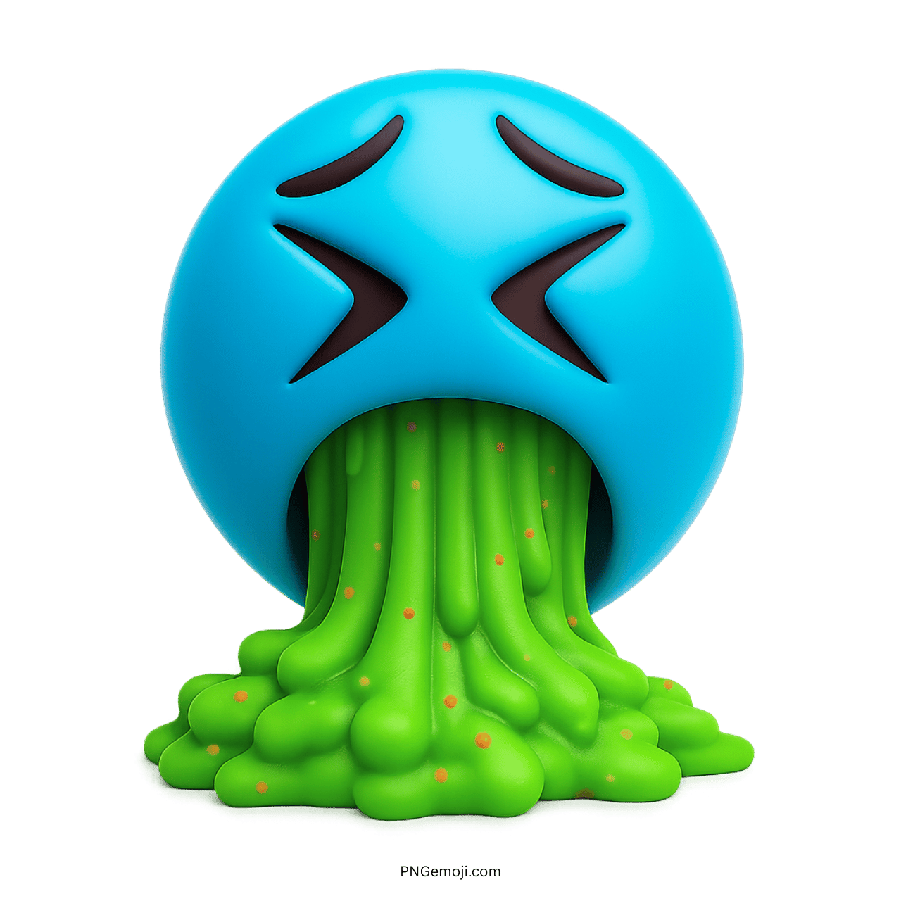 Blue 3D emoji with disgusted face vomiting green slime in cartoon style
