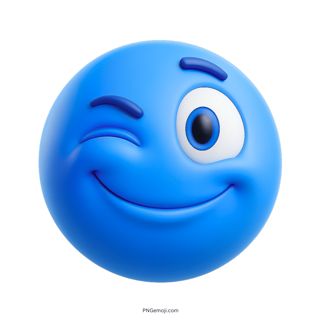 Blue 3D wink emoji with funny playful expression for chat and keyboard sticker use