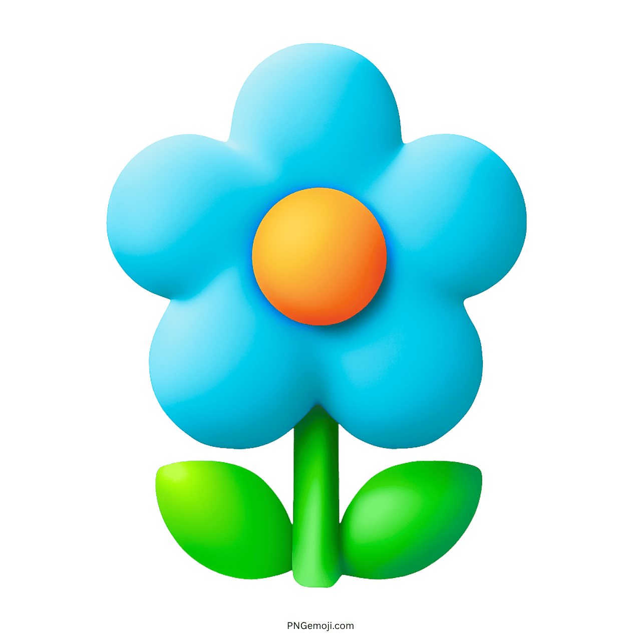 Blue blossom flower emoji with orange center and green leaves in 3D style, transparent background