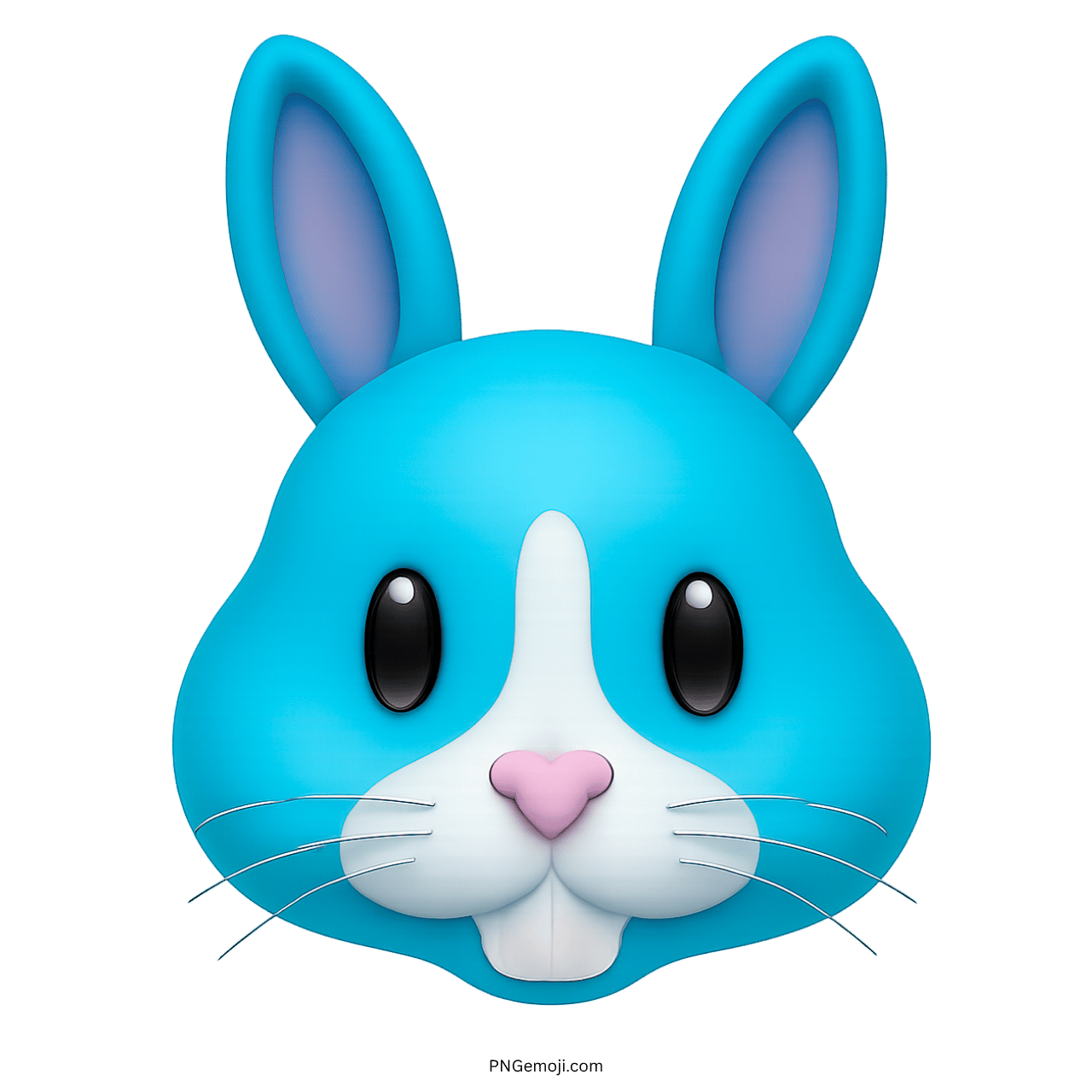Blue bunny face emoji with large ears, black eyes, pink nose, and white muzzle on green background.