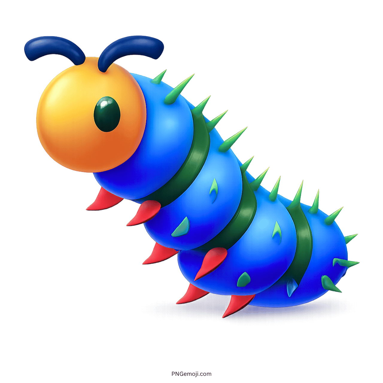 3D blue caterpillar emoji with spiked red and green accents on transparent background