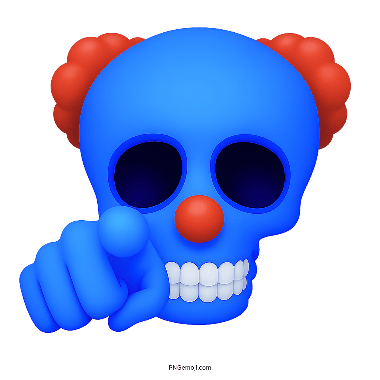 3D blue clown skull emoji with red nose and pointing finger gesture