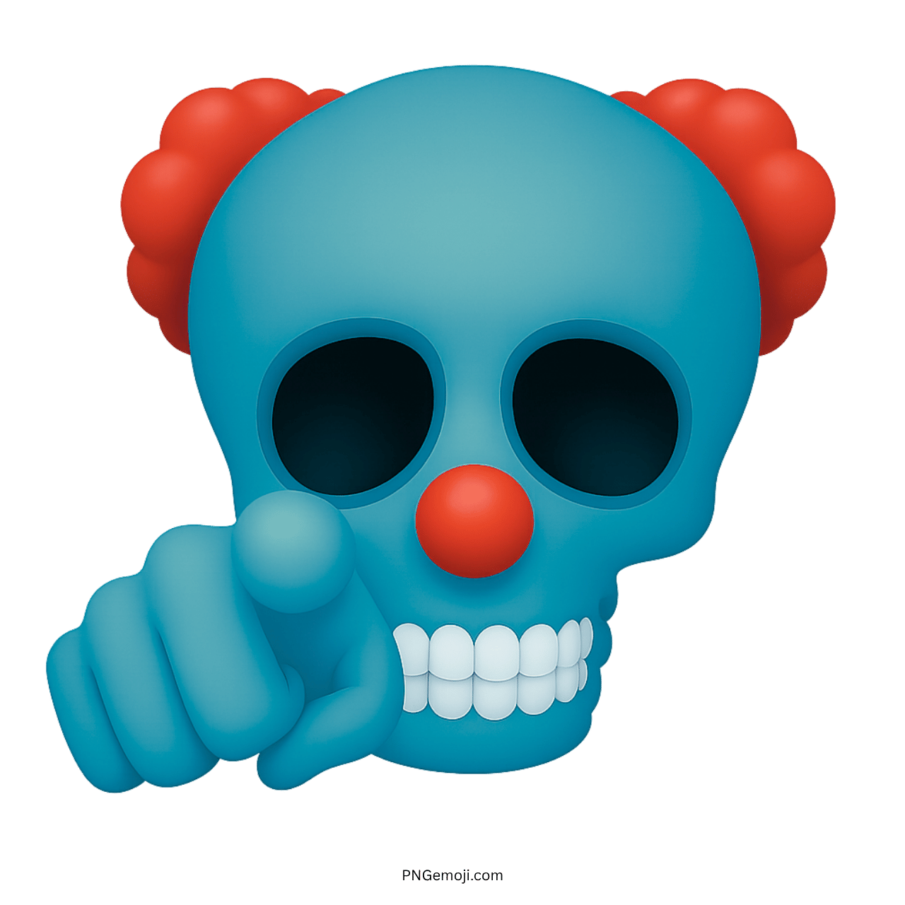 3D blue clown skull emoji with red hair and pointing finger gesture
