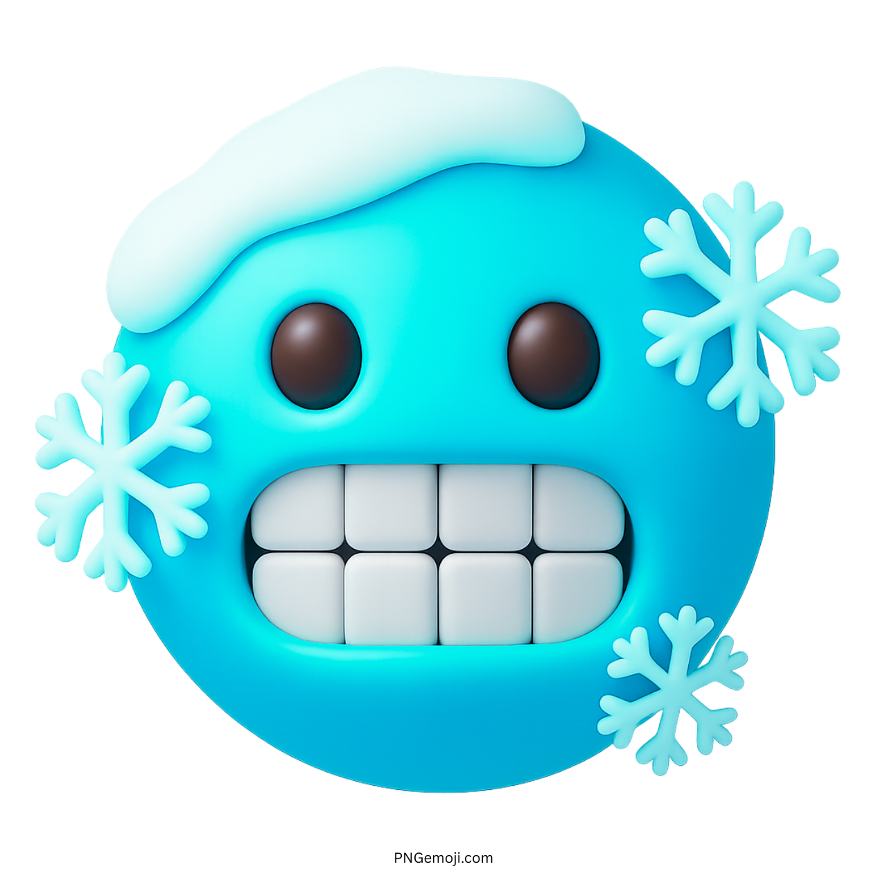 3D blue cold face emoji with snowflakes, icy teeth, and a frozen snowcap