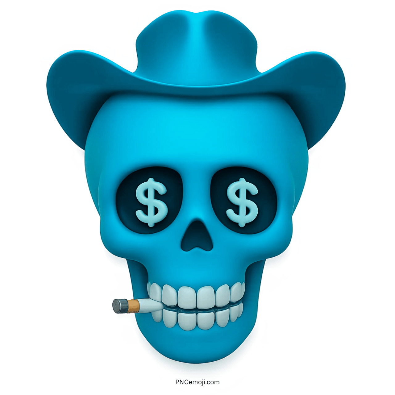 Blue skull emoji with dollar sign eyes, cowboy hat, and cigarette in mouth