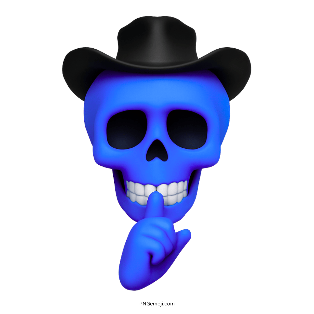 3D blue skull emoji with cowboy hat and shushing finger gesture