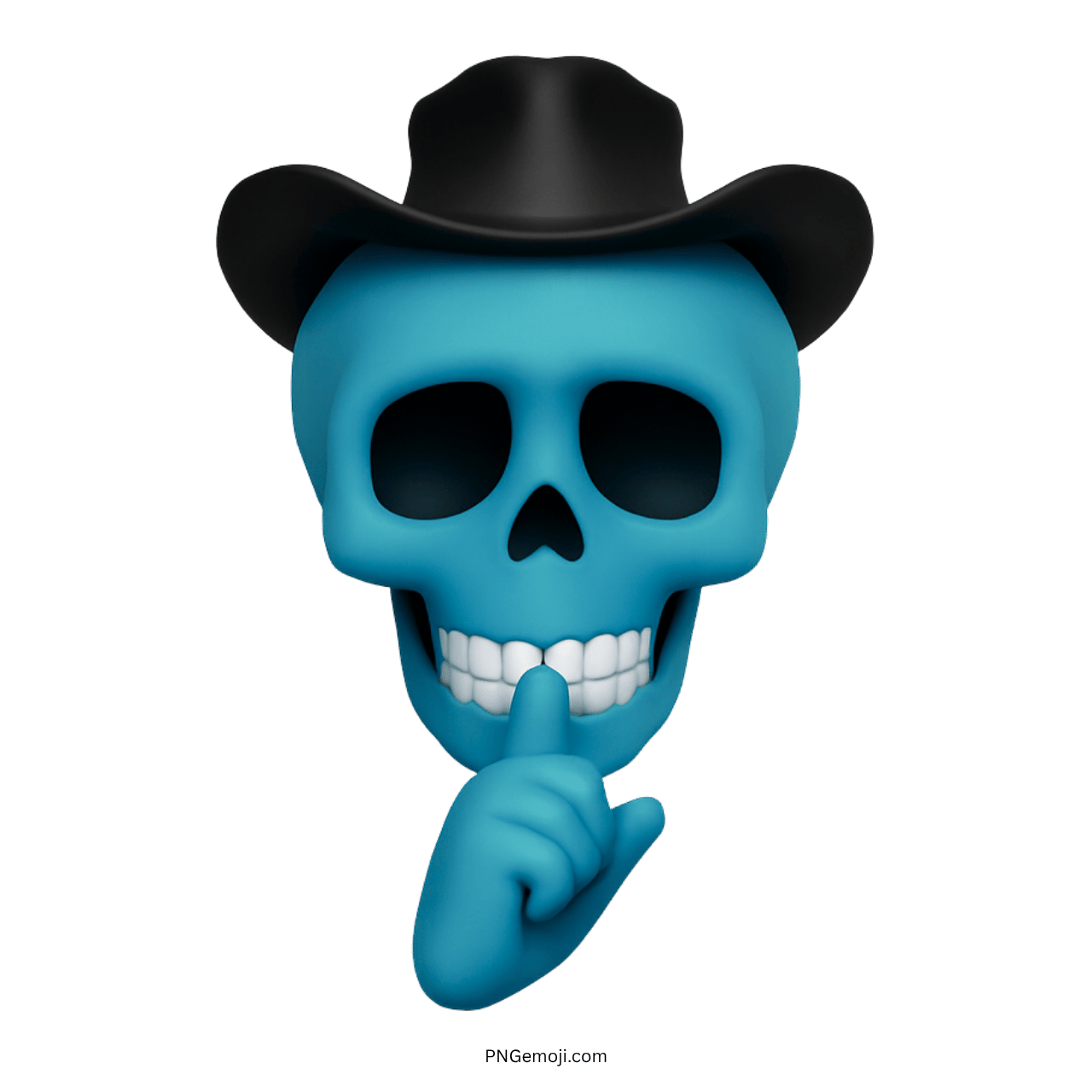 Blue cowboy skull emoji making a shushing gesture with black hat and playful design.