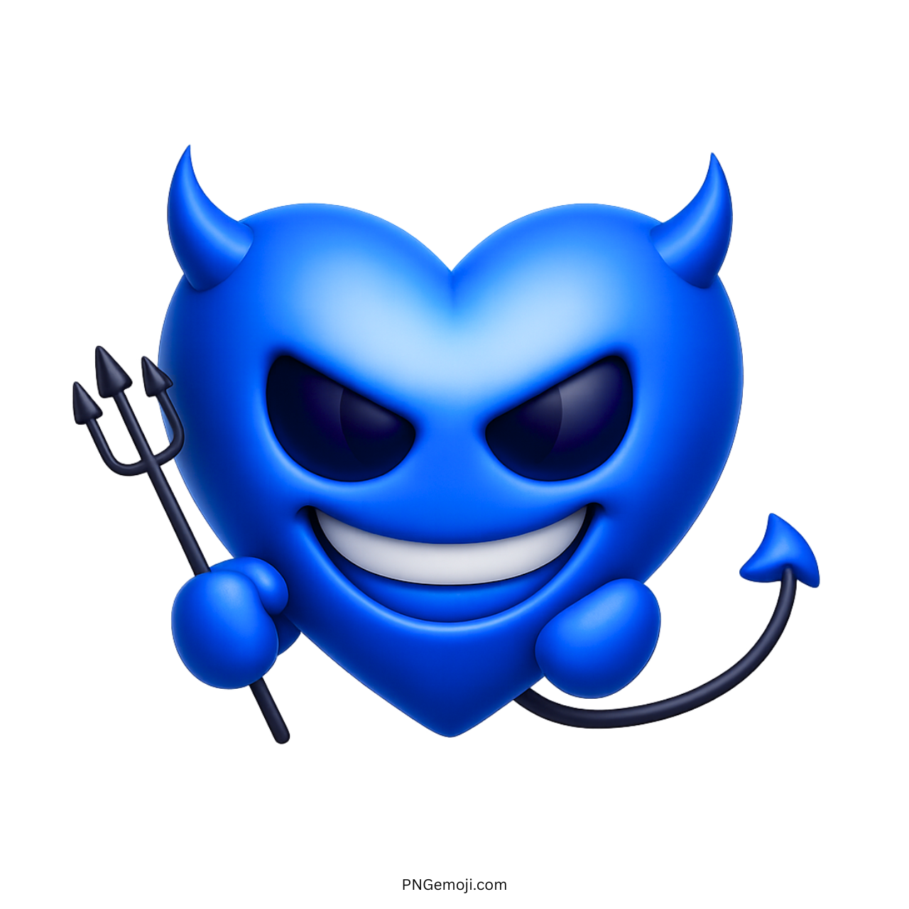 3D blue devil heart emoji with horns, evil smile, tail, and black trident