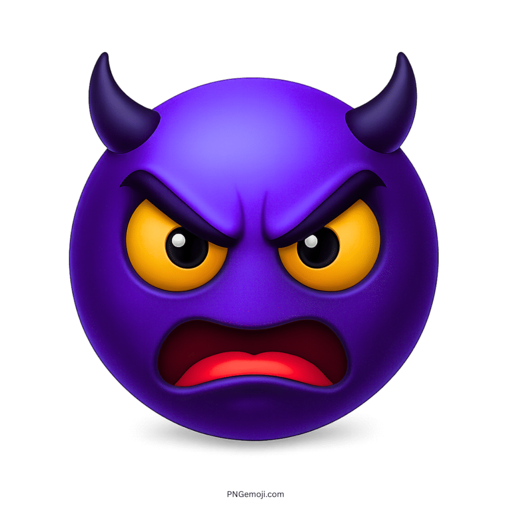 Blue devil smiley emoji with angry expression, black horns, and glowing yellow eyes.