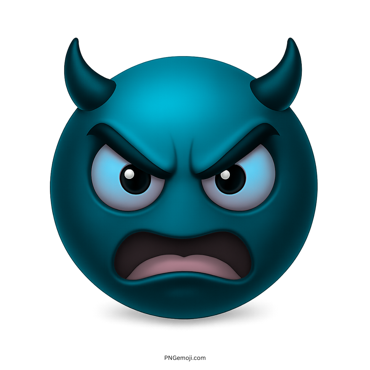 Blue angry devil emoji face with black horns and intense white glowing eyes.