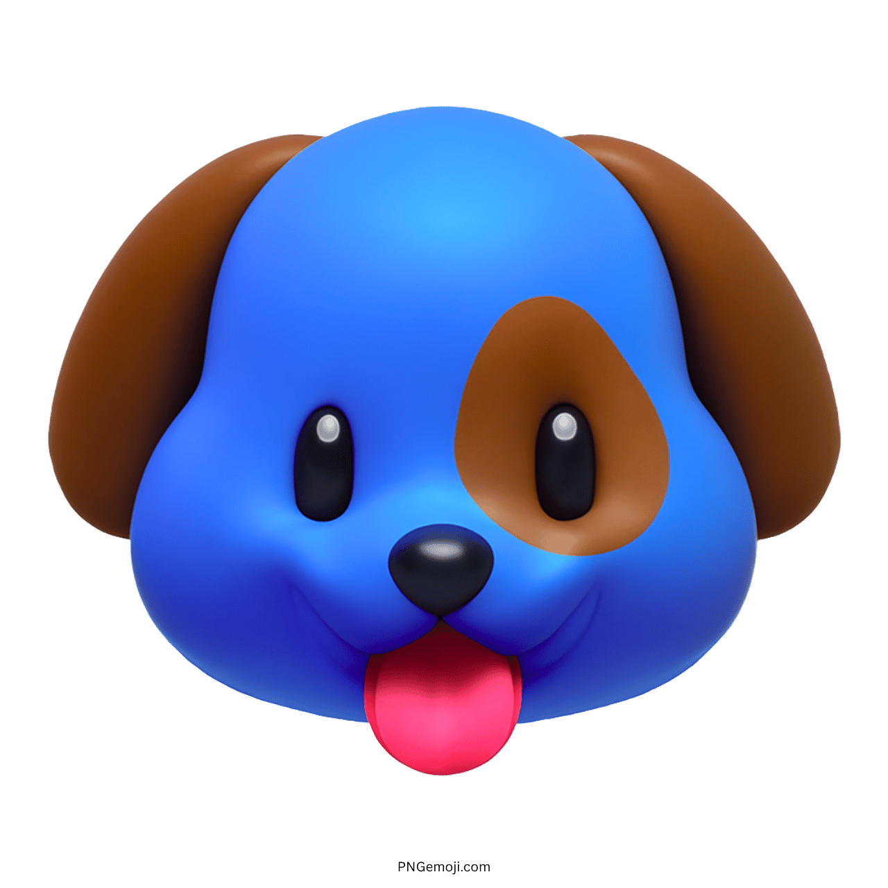 3D blue dog face emoji with brown ears and a playful tongue, cartoon style, transparent background.
