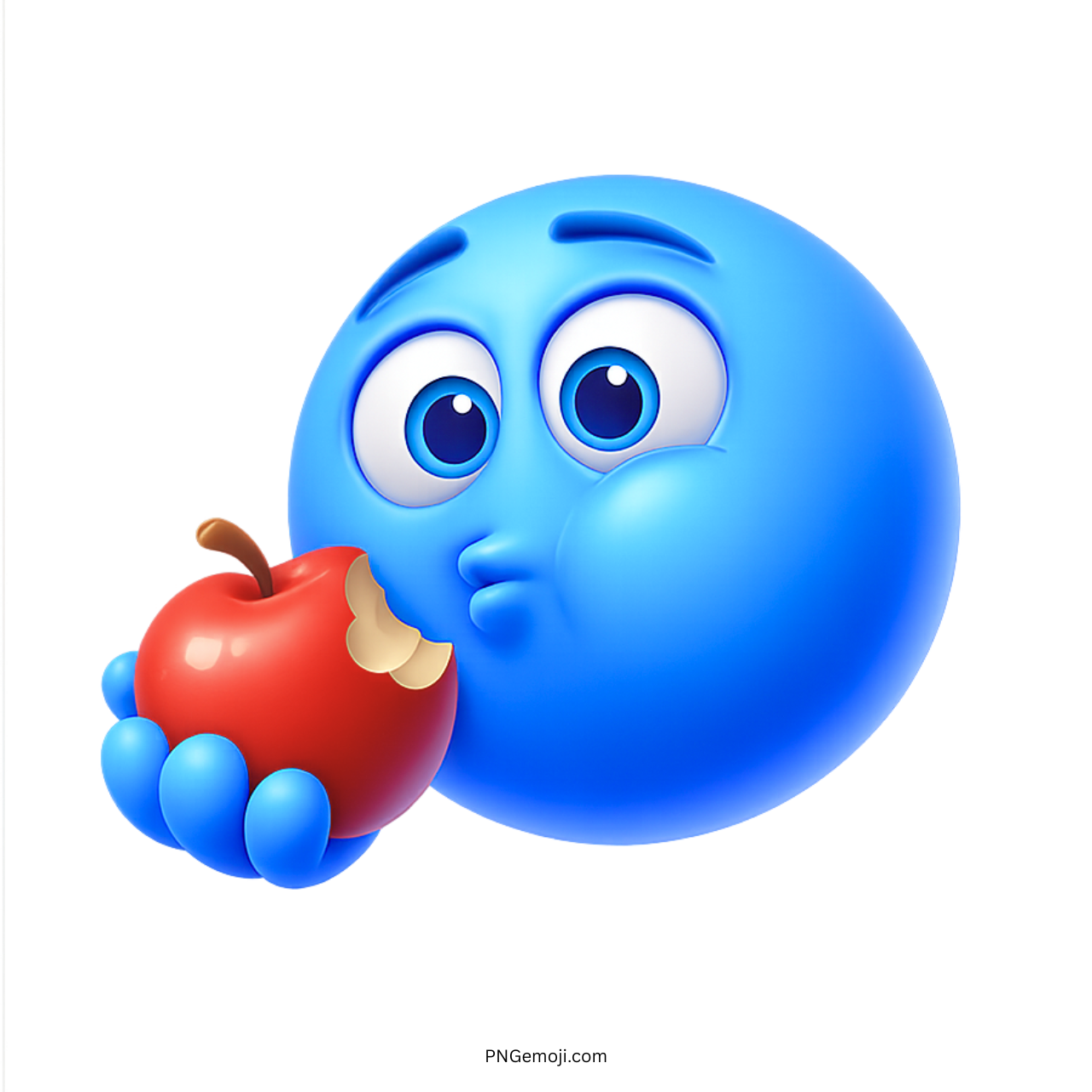 3D blue emoji biting red apple with puffed cheeks and curious expression