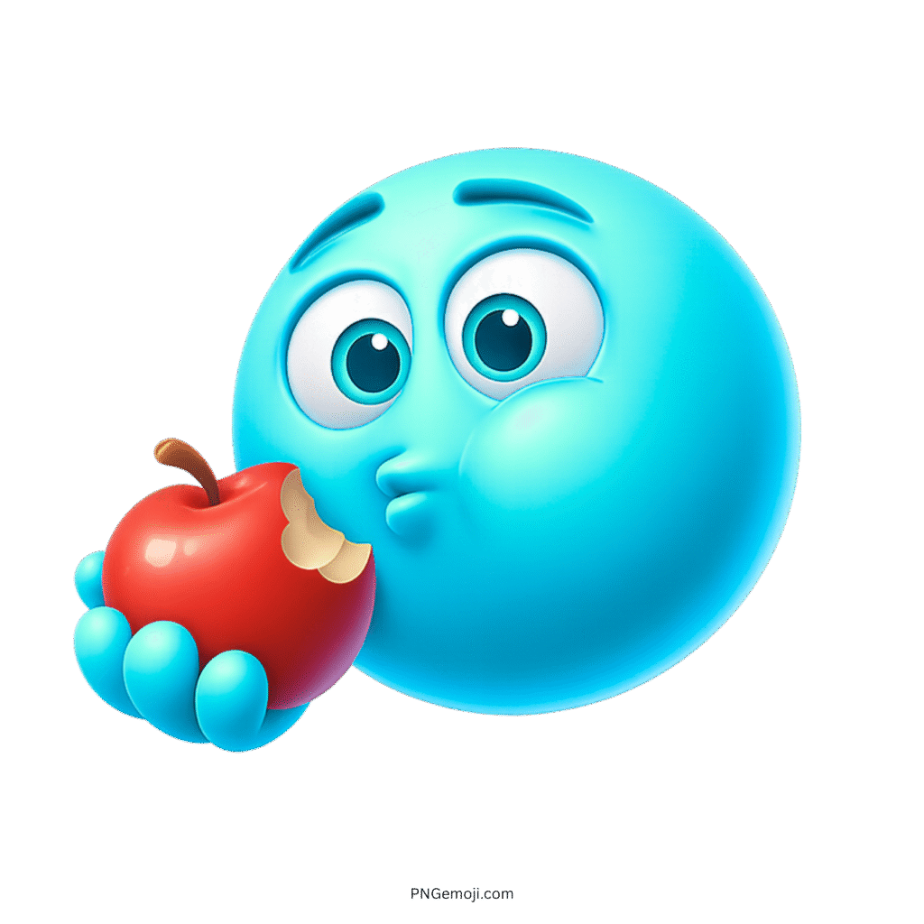 3D blue emoji biting red apple with puffed cheeks and wide curious eyes