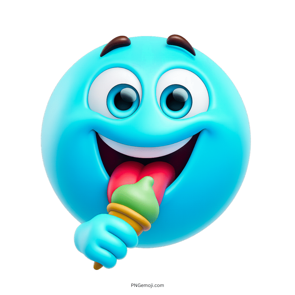 Blue emoji cartoon happily licking colorful ice cream with a joyful facial expression
