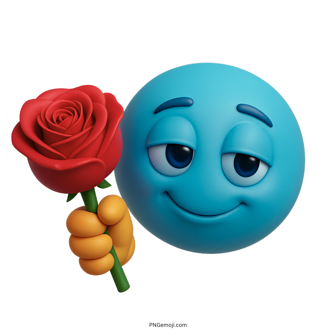 3D blue smiley emoji offering red rose with romantic and flirty expression
