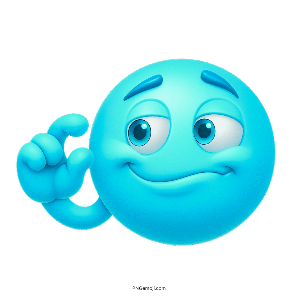Blue emoji face making “this much” gesture with a smug, playful expression