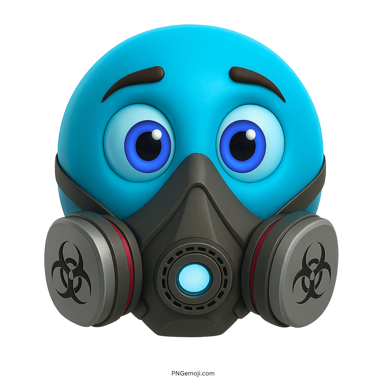 Blue 3D emoji wearing biohazard gas mask with wide eyes and cautious expression